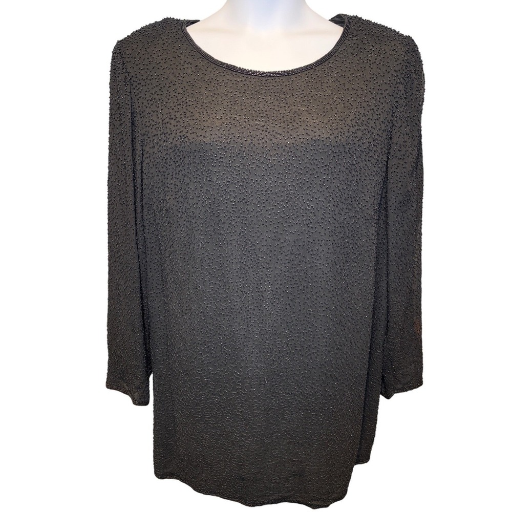 VTG 90s NWT ADRIANNA PAPELL Evening 100% Silk Black Beaded Blouse Sz 2X Formal